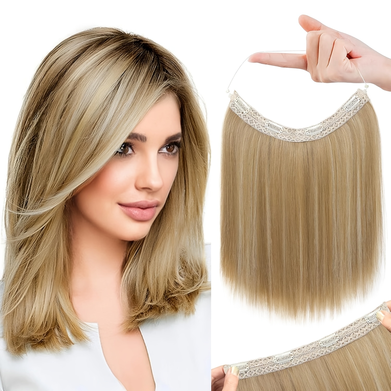 TEMU Luxurious 14" Invisible Wire Hair Extensions For Women - Soft, Thin Lace Weft With Secure Clip-in, Short Straight Synthetic Hairpiece, Natural-looking Blend Of White And Platinum