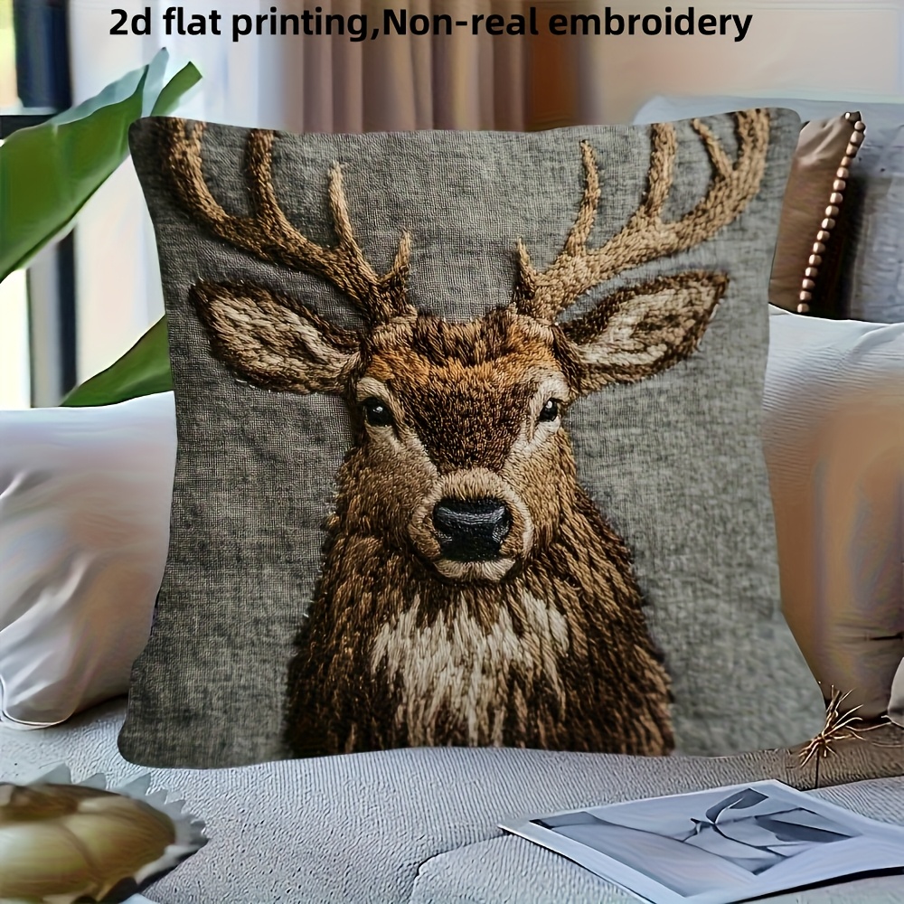 TEMU 1pc, 2d Flat Print Retro Deer Head 18x18 Inch Short Plush Pillow Cover - Non-real Embroidery, Single-sided Print With Natural Antler Details,