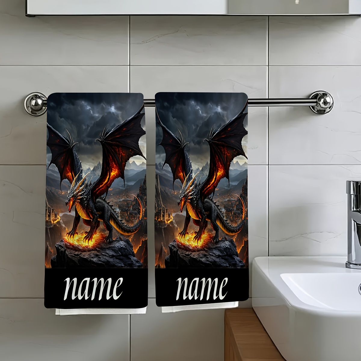 TEMU 2pcs, A Black Dragon With Shimmering Wings Stands On A Surface, Essential Travel Towel, Customizable Towel, Name Customized Towel, Cartoon Anime
