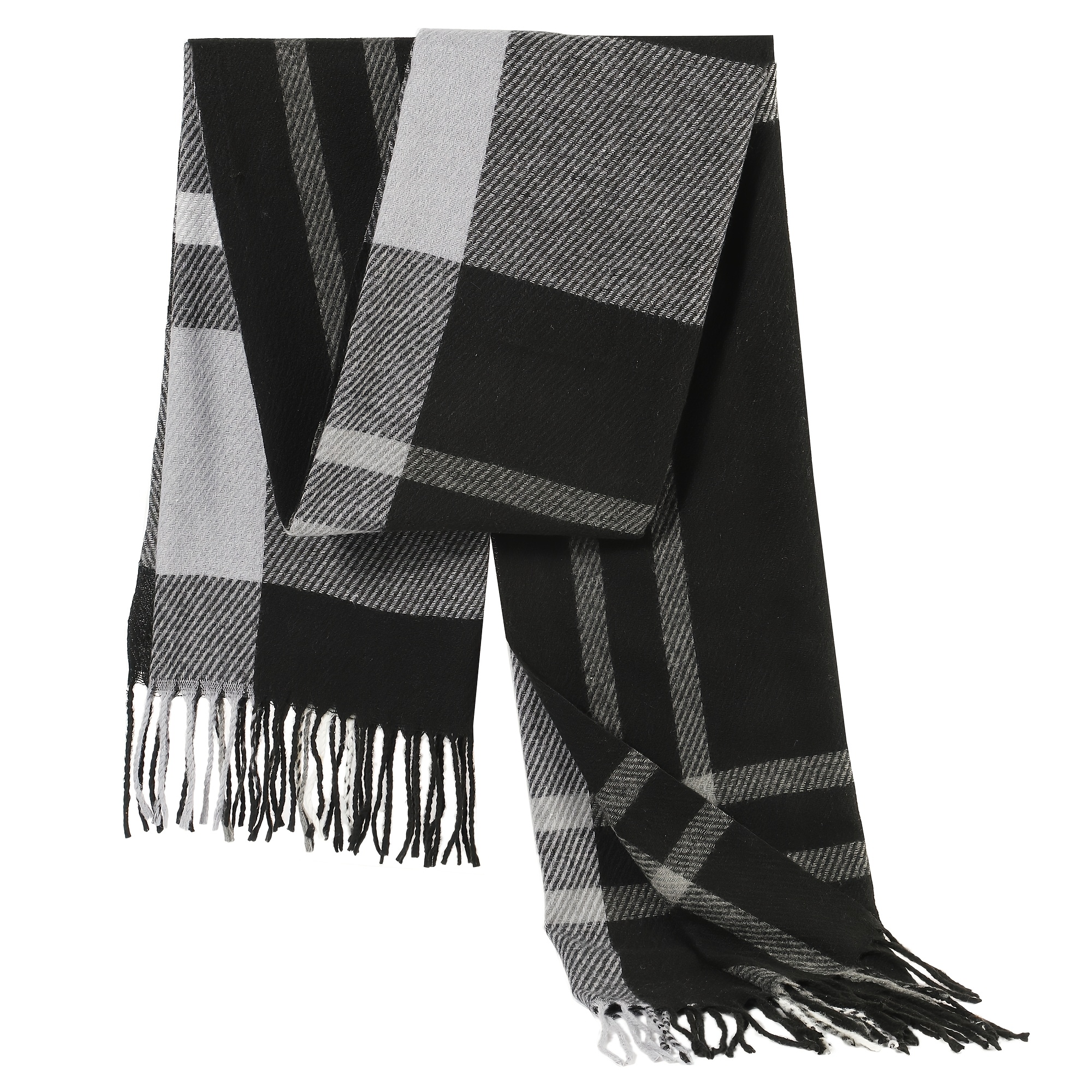 TEMU 1pc Autumn Black Gray Scarf Men's Thick Warm Tassel Shawl All-match Long Neck Scarf Winter Gift Men's Black Gray Checkered Scarf Autumn Winter