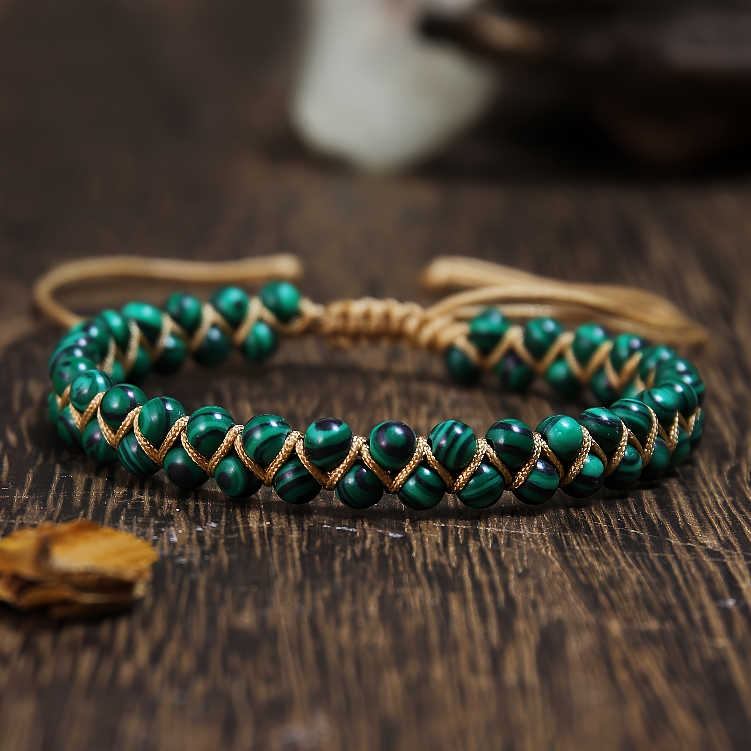 TEMU Natural Malachite -shaped Bracelet - Dark Green Braided Knot, Unisex Bohemian Style Adjustable Bangle, Teacher's Day, Thanksgiving, Birthday