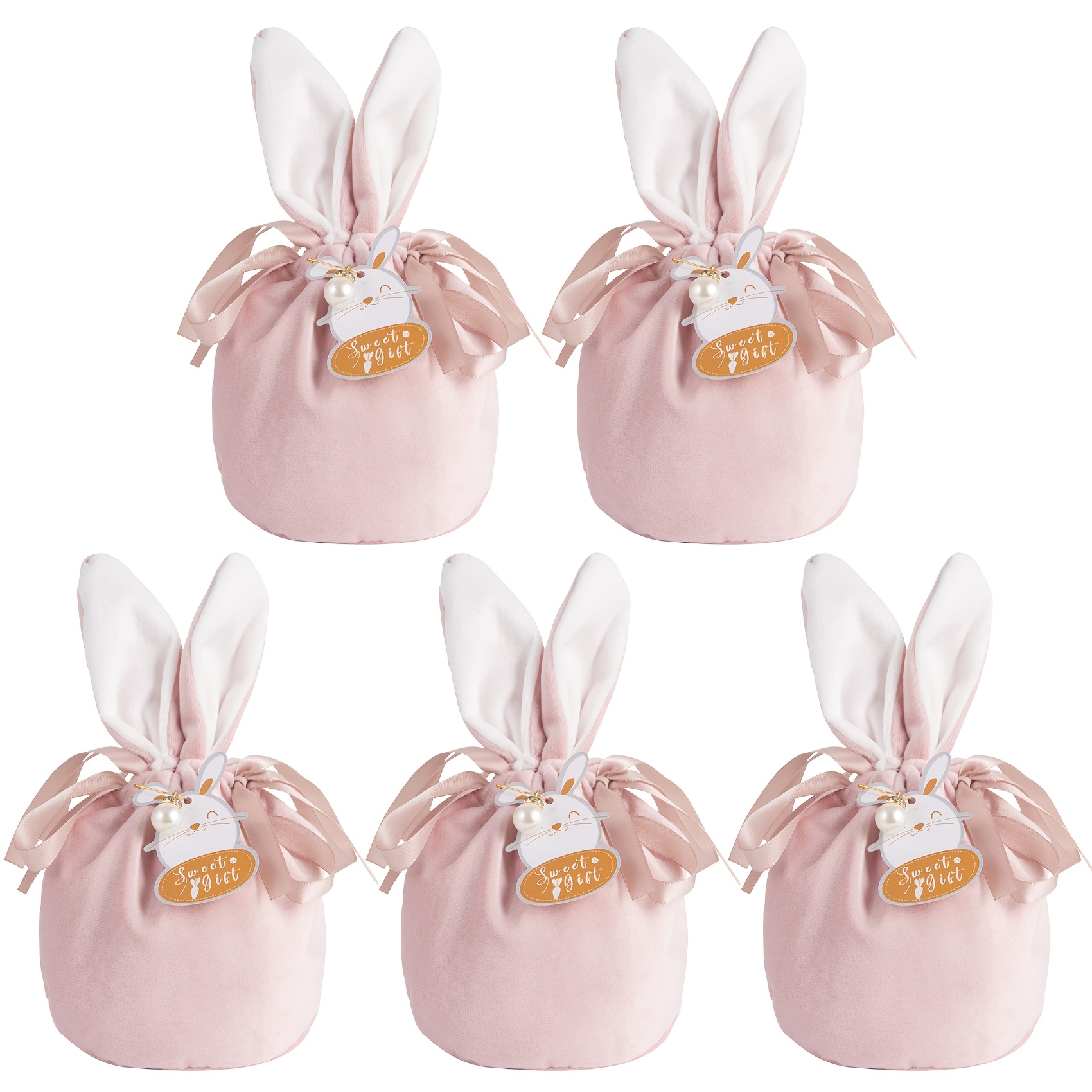 

5pcs Easter Bunny Velvet Drawstring Gift Bags With Pearl Cards – Adorable Ears Design, Wedding Favors, Party Treats, And Easter Decorations, Rabbit Accessories