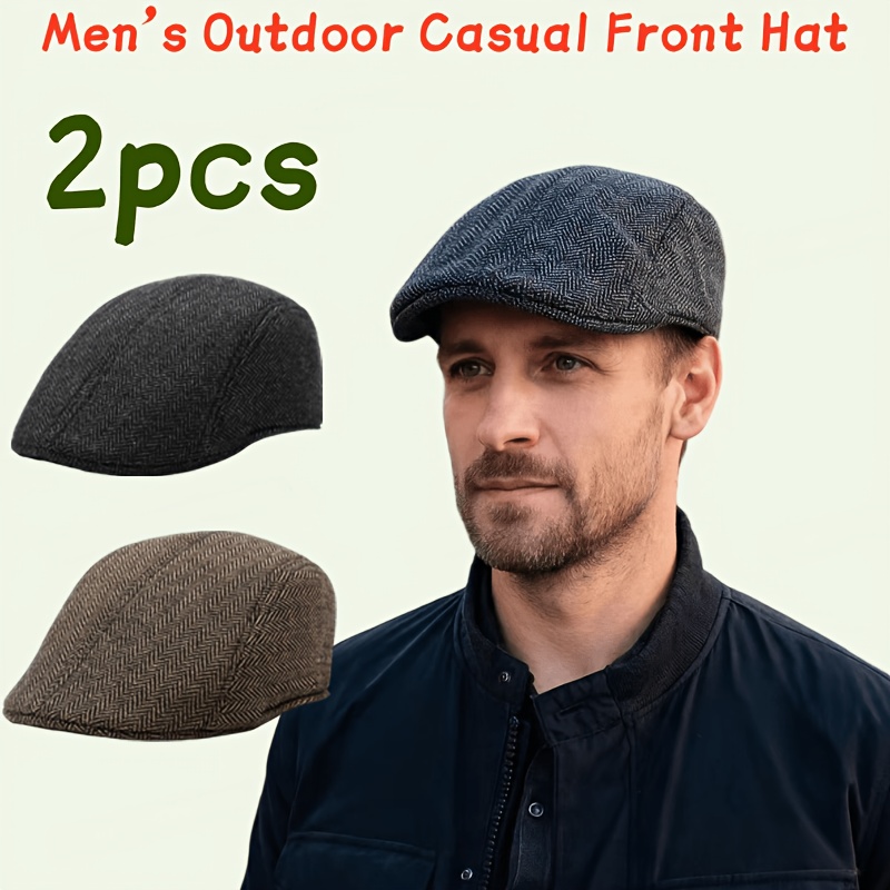 TEMU Lot de 2 bérets décontractés d'extérieur à chevrons, casquette bob unie, bonnet décontracté d'extérieur