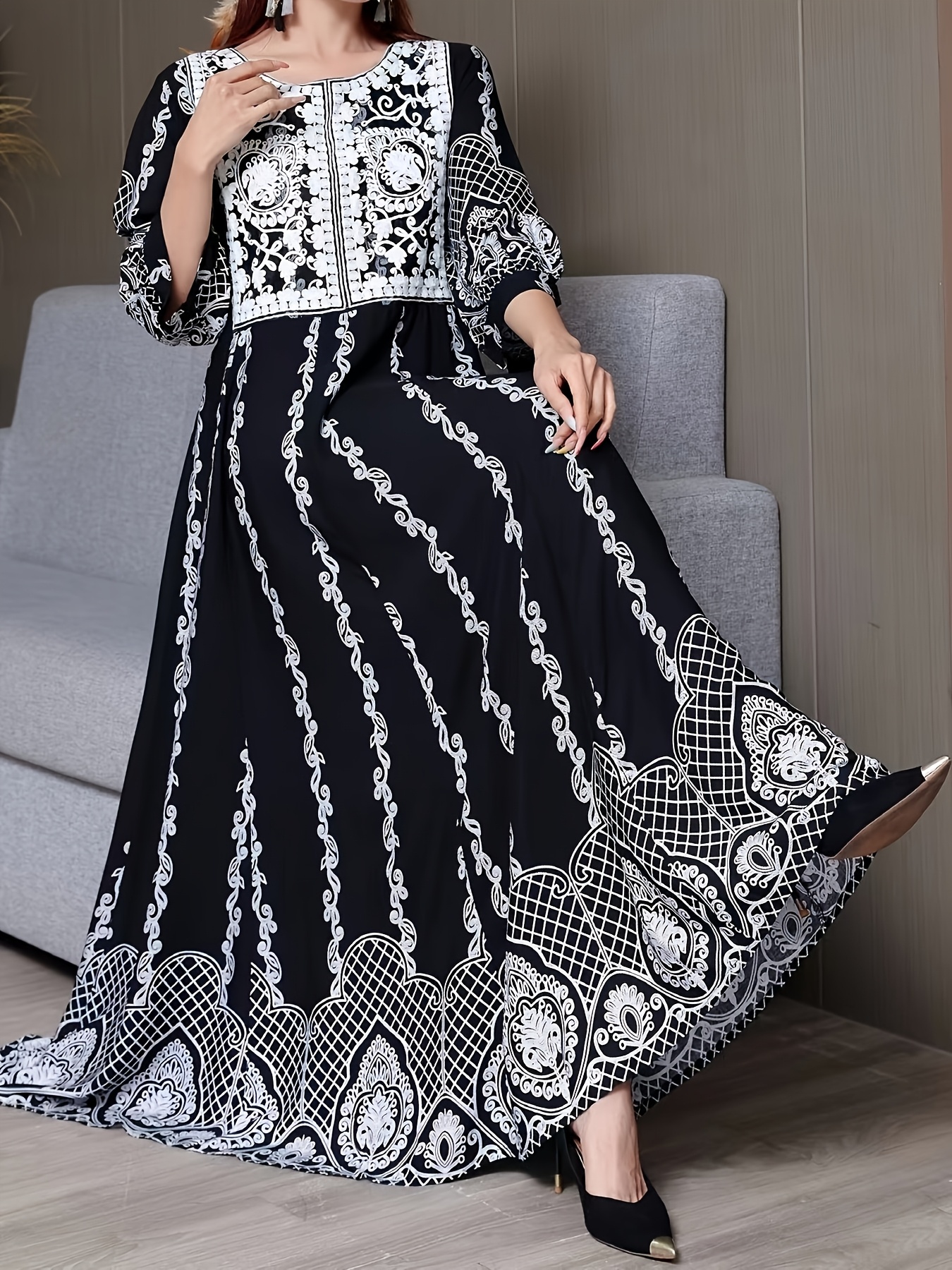 Middle Eastern Bohemian Style Dress Ethnic Embroidered Flared Skirt  Literary Vintage Long Dress Casual Vacation Travel Beach Dress