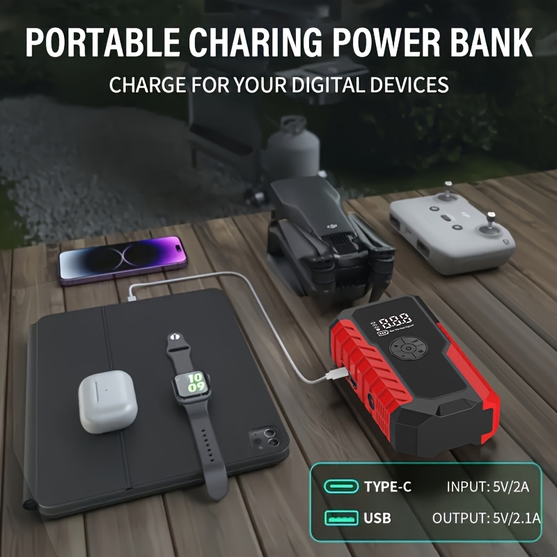 5000a portable wireless car jump starter with air compressor 20000mah lithium polymer battery fast charging usb c power bank 12a output led flashlight for 12v cars trucks suvs motorcycles emergency light inflator pump in one compatible with 8 0  1 72 diesel engines   off grid use compact portable design Product details 6