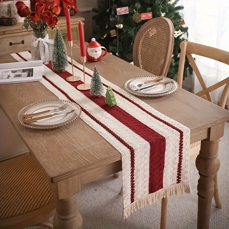 

1pc Rustic Farmhouse Table Runner With Tassels - Striped Polyester, Rectangular For Christmas &