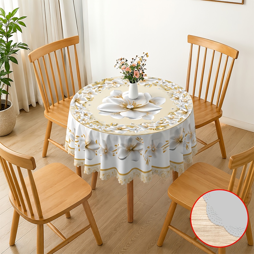 TEMU 1pc Luxurious Golden Wreath Round Tablecloth With Elegant White , Perfectly Adorning Your Dining Table And For Home Environment. Ideal For Table