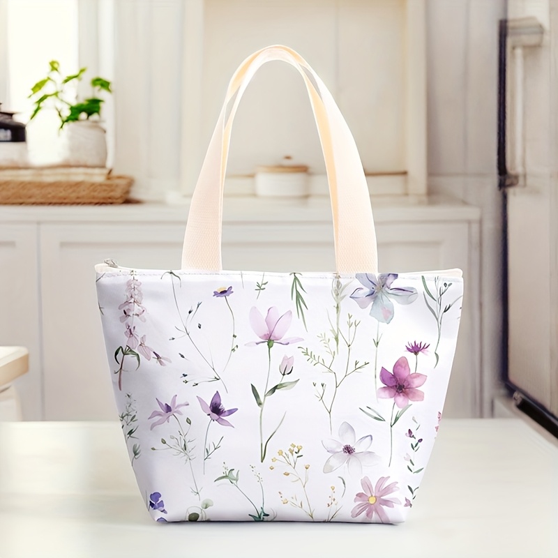 E-shop Modische Lunch-Tasche mit rosa-lila Blumenmuster, isoliert und mit Griffen, geeignet für Arbeit, Schule, Picknicks oder Reisen (nicht für