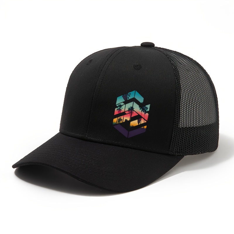 TEMU 's Outdoor Mesh Baseball Featuring A Geometric Sunset Palm Tree Print, A Trucker Hat Suitable For Men And Women And Summer. This Simple And