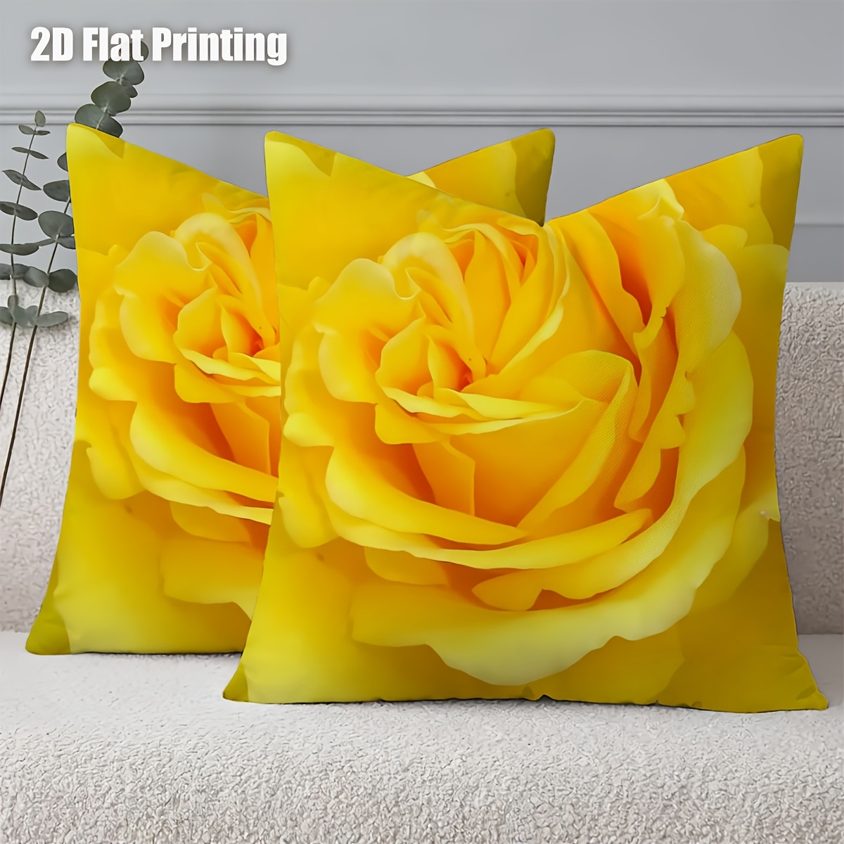 TEMU Lot de 2 taies d'oreiller 2D plates à jaune , impression - avec motif de pétales de rose jaune vif, convient pour canapés confortables, chambres