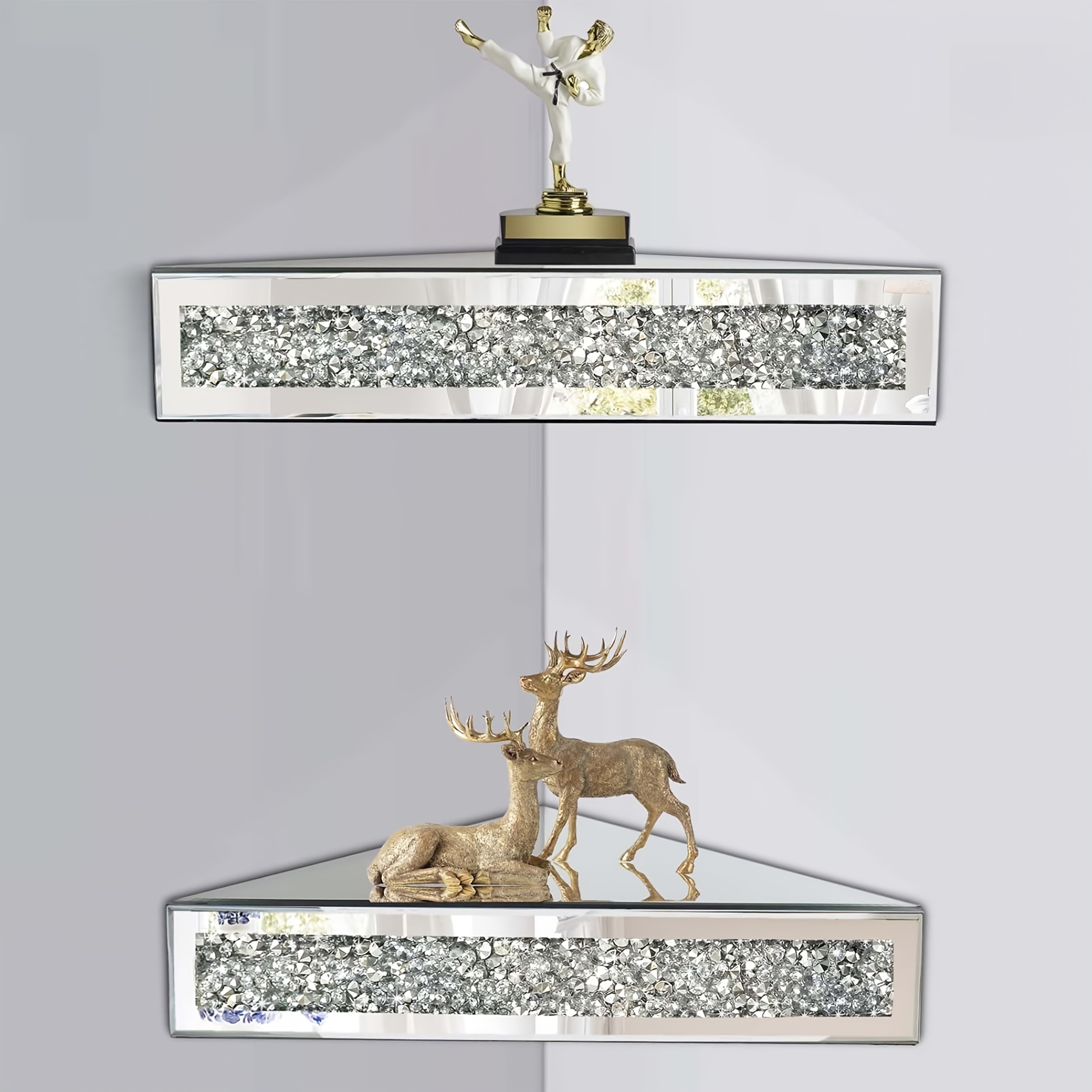 2pcs crushed diamond mirrored corner floating shelf wall mounted glass display shelf with   inlay   decor for living room bathroom corner shelves