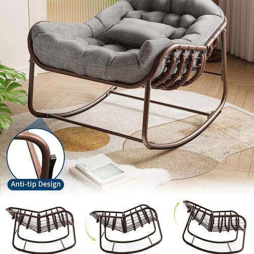 outdoor papasan rocking chair oversized wicker lounge chair with cushion and metal frame patio rattan egg rocker for balcony backyard porch bedroom dark grey