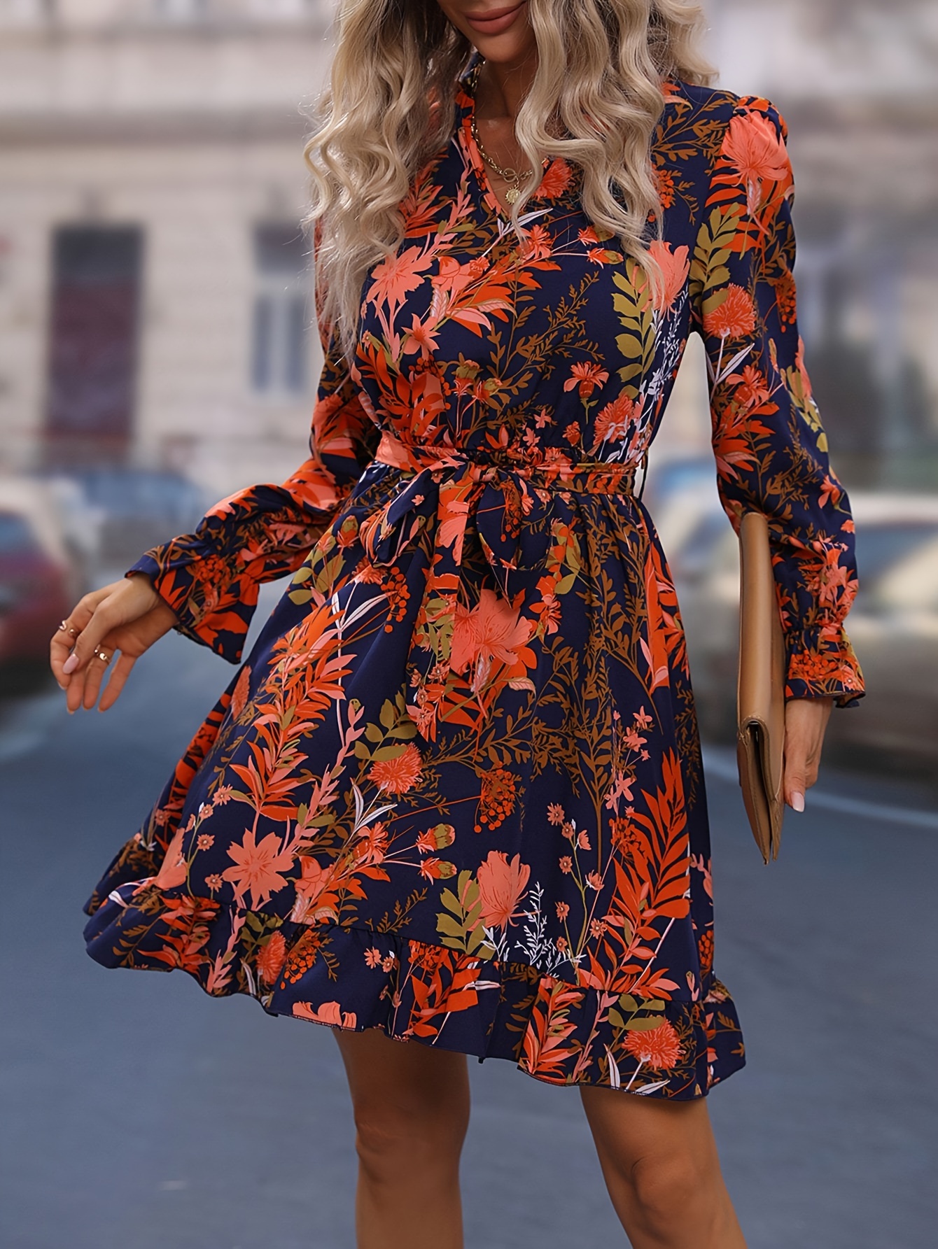 floral print ruffle hem belted dress casual notched neck Temu