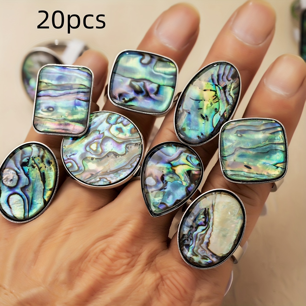 TEMU 20pcs Lot Oversize Fashionable Sparkling Natural Abalone Shell Stainless Steel Men Rings - Wedding Party Finger Jewelry For Women Men - Random Size 17-20mm Box Is Not