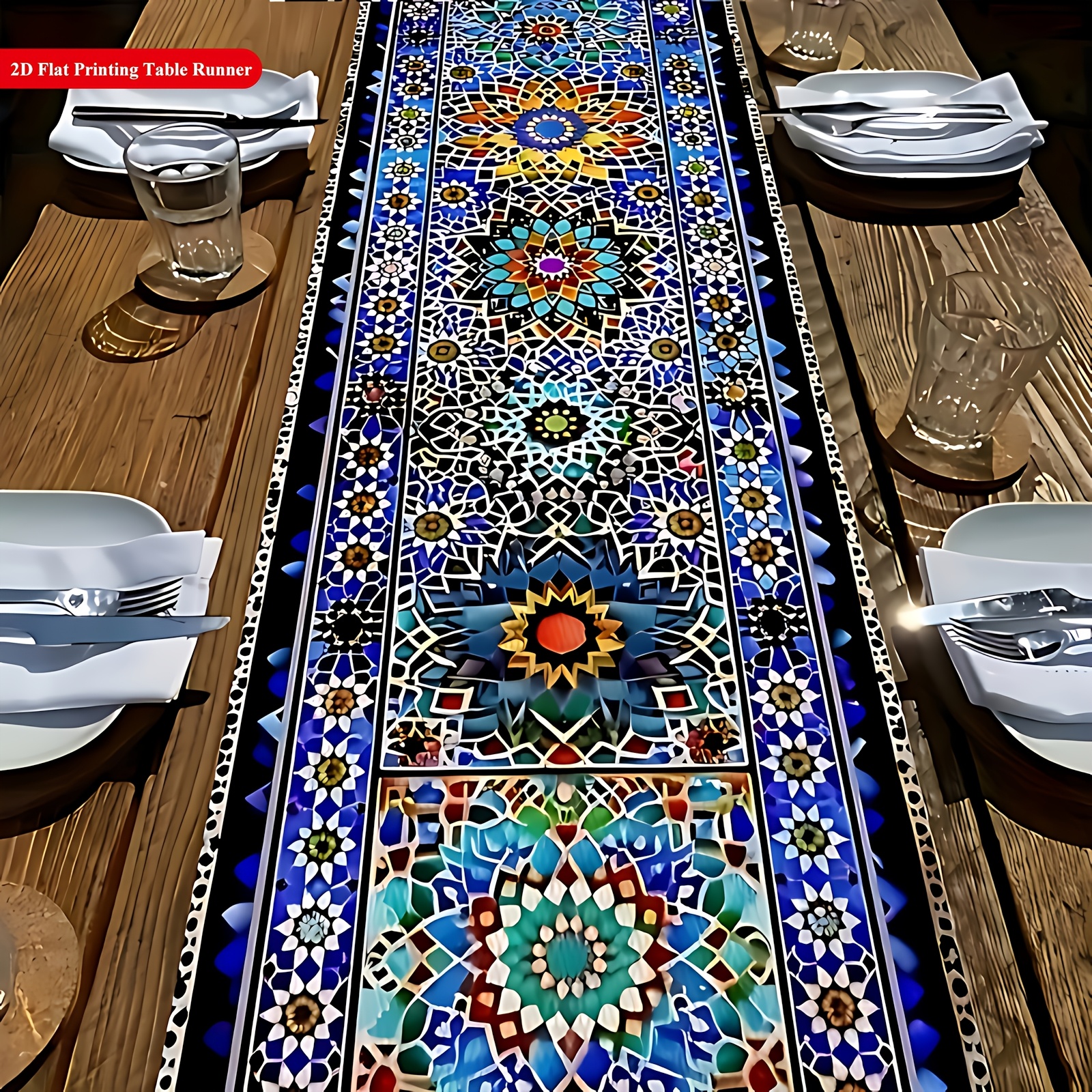TEMU 1pc, 2d Flat Printing, Moroccan Style Table Runner - , Green, Orange And White Geometric Patterns, Material, Restaurant, Kitchen, Office Or