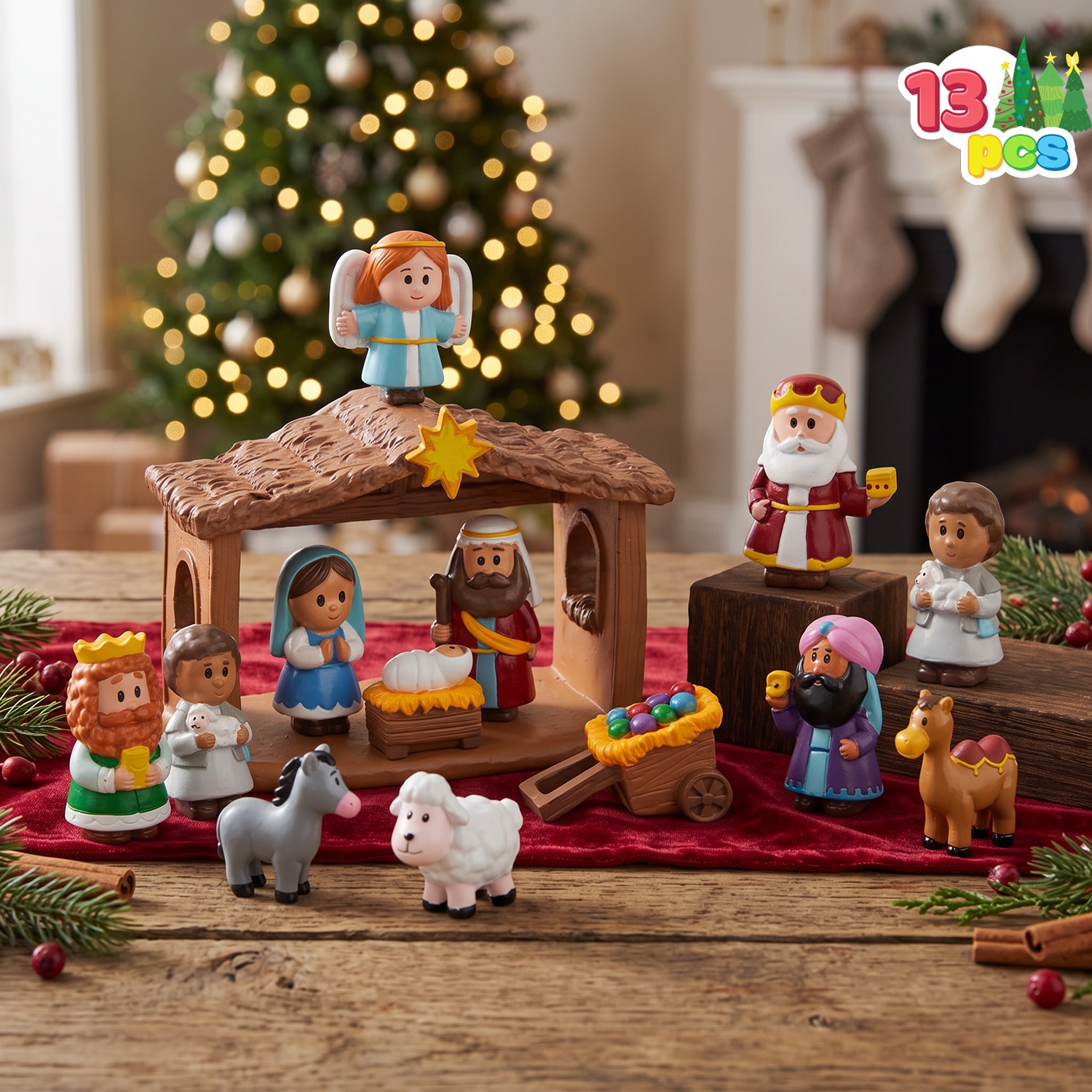 Image of Syncfun 13pcs Christmas Jesus Birth Scene Ornaments, Children's Childcare Christmas Trough Scene Miniature Ornaments, Christmas Party Desktop Center Decoration.