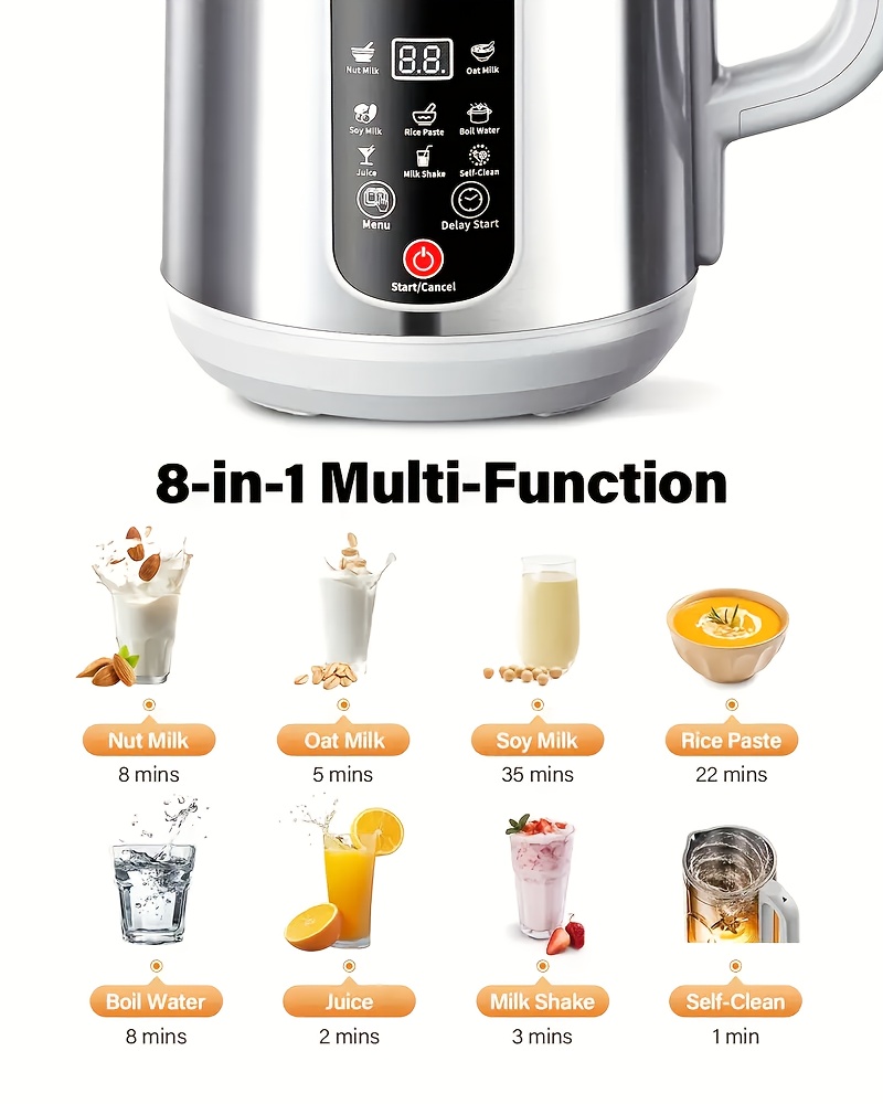 Stainless Steel Automatic Nut Milk Maker, 8-in-1 Almond Milk Production Machine with 20 Blades, Blender, Vegetable and Fruit Juicer, Kitchen Essentials, Food Processor, 24-Hour Timer, 42 Ounces (Approximately 1148.2g)