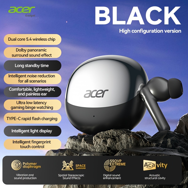 Image of [acer Official Genuine] Tws Wireless Headphones, Heavy Stereo + Call Noise Reduction, Ultra-long , Sports Running In-ear, Low Latency , Hifi Sound, Lightweight , Stylish Design