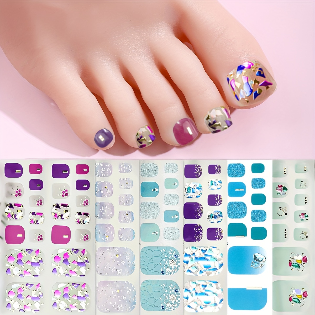 

6 Sheets Of 3d Toe Nail Strips: Spring/summer Y2k Gorgeous Gemstone Toe Nail Wraps With 2 Nail Files For Women And Girls Traveling Quick Manicure