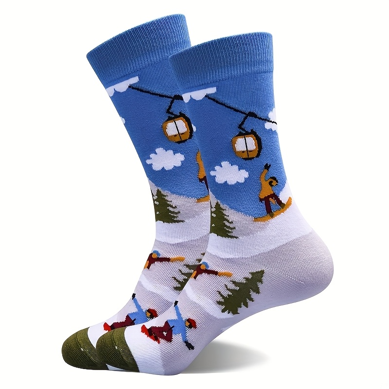 

1 Pair Of Cozy Ski-themed Mid-tube Socks For Men - Breathable & Comfortable Polyester With Cartoon Skiing Print, Machine Washable, Sports Enthusiasts