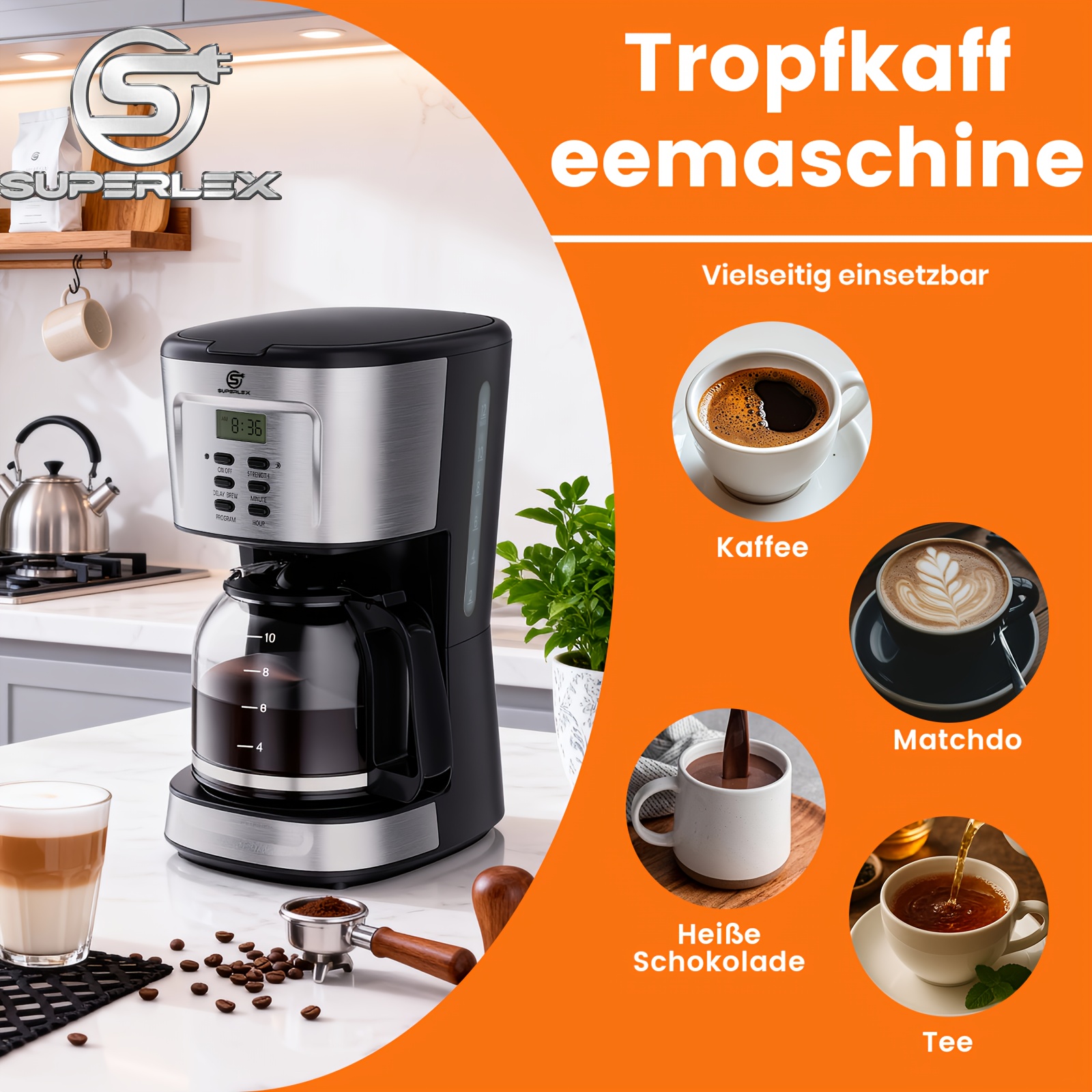 E-shop SUPERLEX Kaffeemaschine mit programmierbaren Funktionen, LCD-Bildschirm, Brew Delay, Stärke-Einstellung und automatischer Abschaltung
