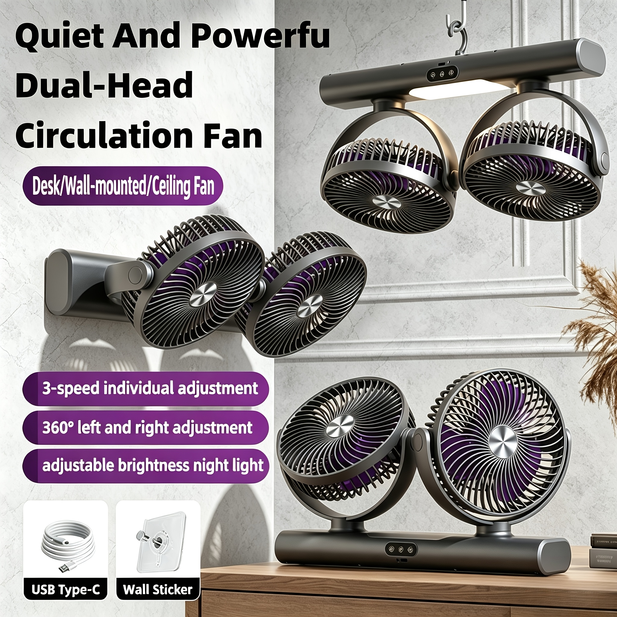 TEMU Portable Desktop Double-headed Three- Circulation Fan, Usb Charging Desktop Fan, Household Wall-mounted Fan, 3- Of , Multi-angle , Night Light,