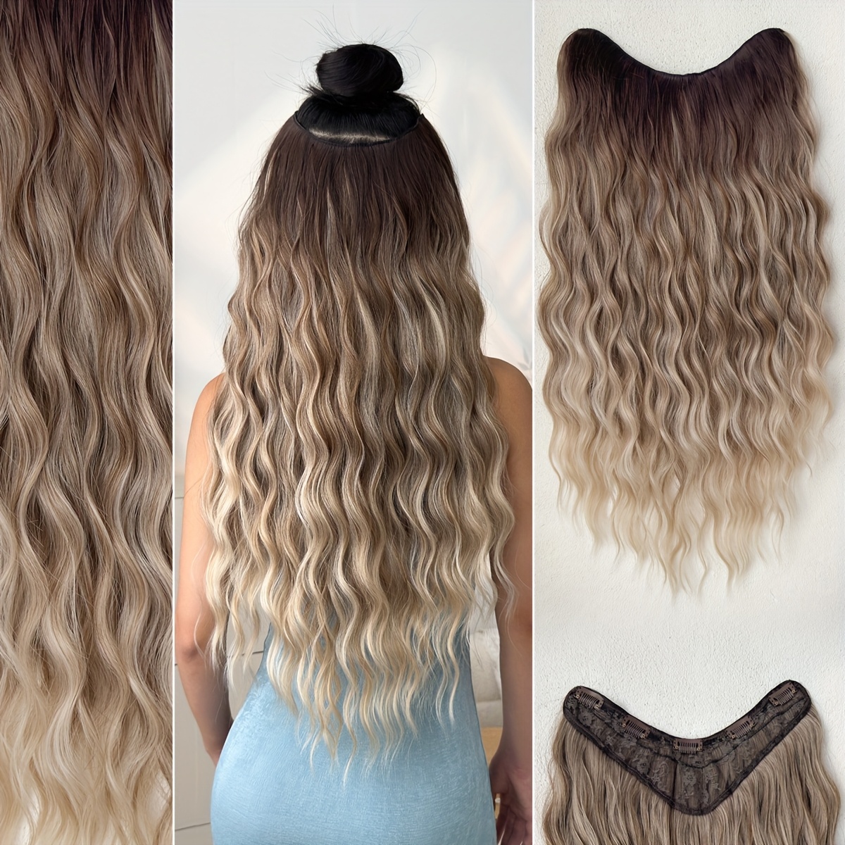 clip in hair extensions v shaped ombre   24 inch long water wave wavy heat resistant fiber synthetic hairpiece for women girls   use details 0