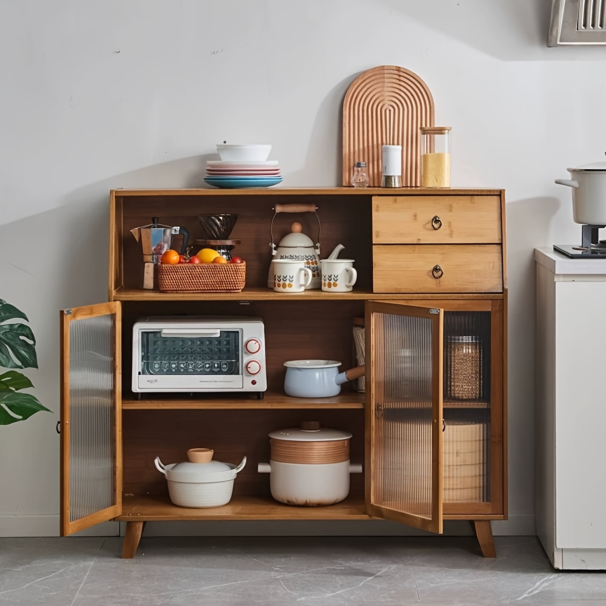 TEMU Bamboo Storage Cabinet - Freestanding Kitchen Cupboard With 3 Doors And 3 Tier Shelves And 2 Drawers - Ideal For Kitchen, Living Room, Dining