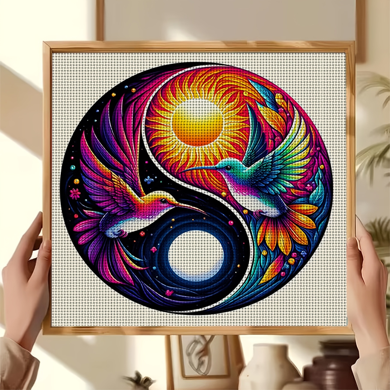 DIY Cross-Stitch Printed Kit, Sun-Moon and Two Birds Pattern