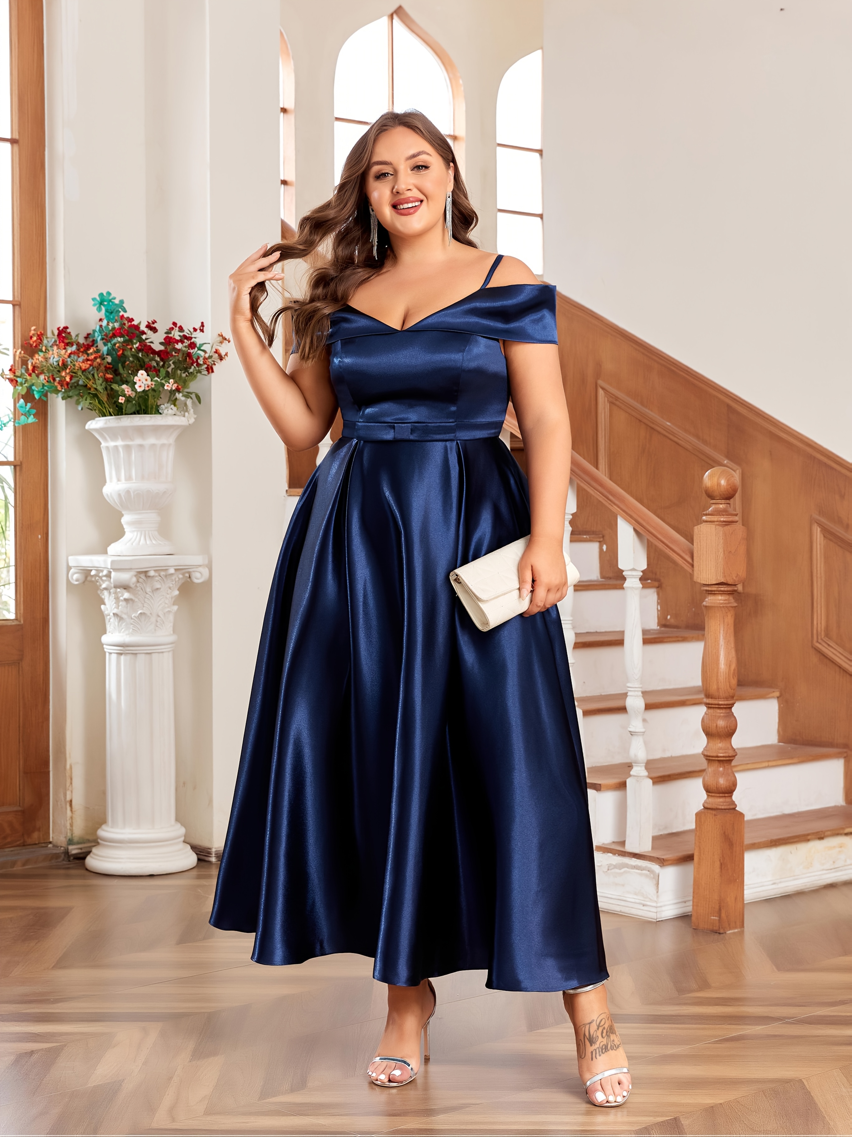 Satin Off-Shoulder Flared Midi Dress