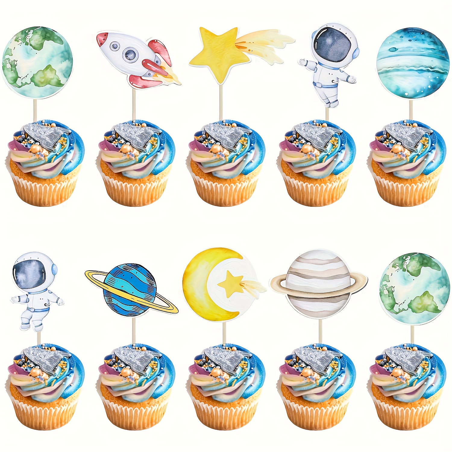 36pcs Outer Space Cupcake Toppers | Planet Rocket Spaceship Moon Star Birthday Cupcake Picks Solar System Universe Planets Birthday Cupcake Decorations Party Supplies