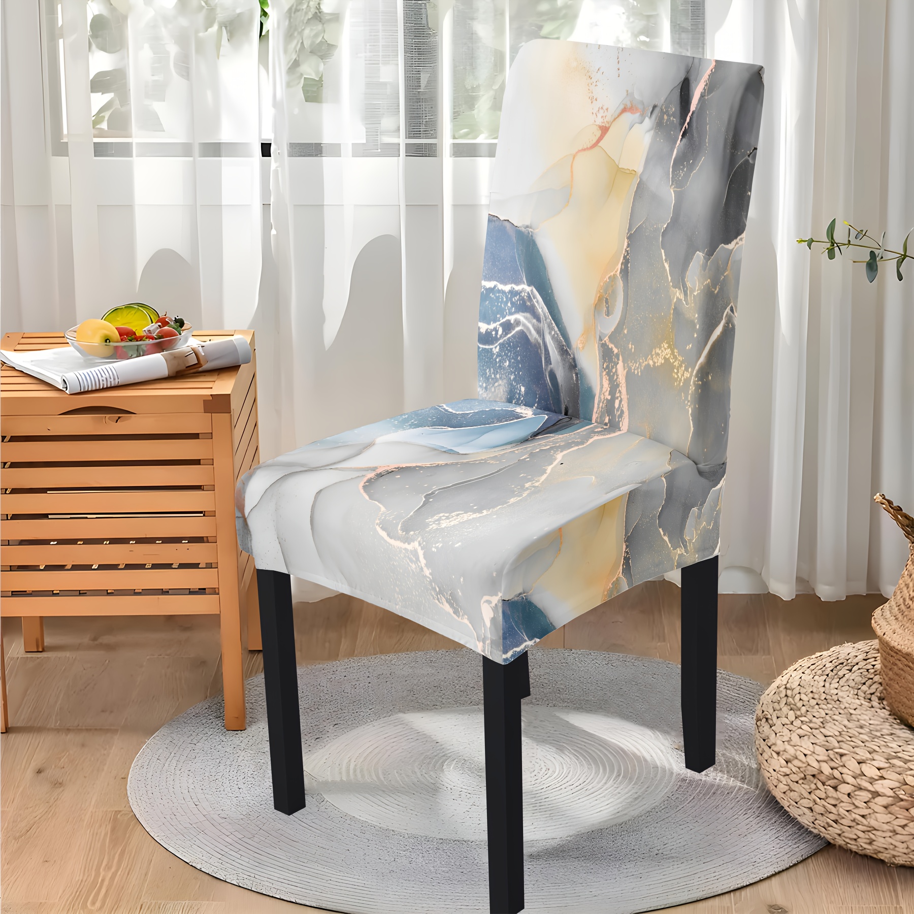 

2/4/6pcs Classic Blue-grey Marble Print Chair Covers, High Stretch Milk Silk Fabric, Washable & Colorfast, For Dining Room, Hotel, Garden Chair Decor, Dust-proof And Stain-resistant