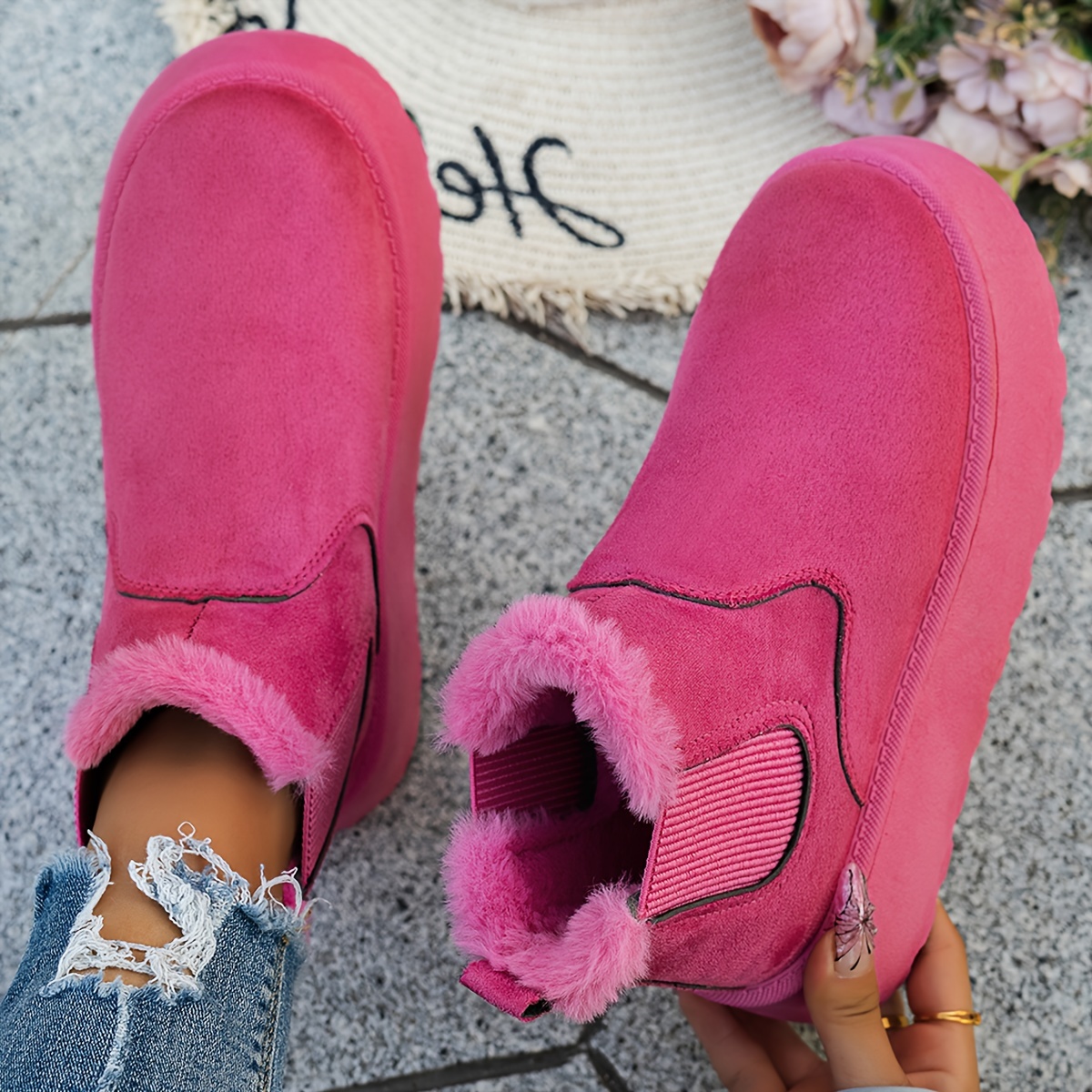 

Bottines à talons compensés pour femmes, en tissu rose uni à enfiler, avec bout uni, semelle en caoutchouc et doublure en tissu confortable - Marque PoYu