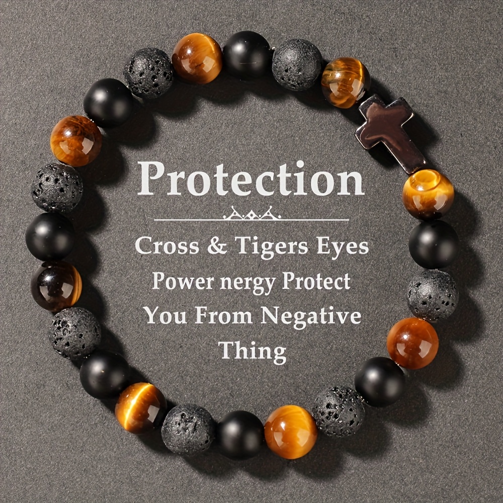 mens retro tiger eye and   bracelet with cross pendant casual attire protective synthetic jewelry gift for him boyfriend friend Product details 0