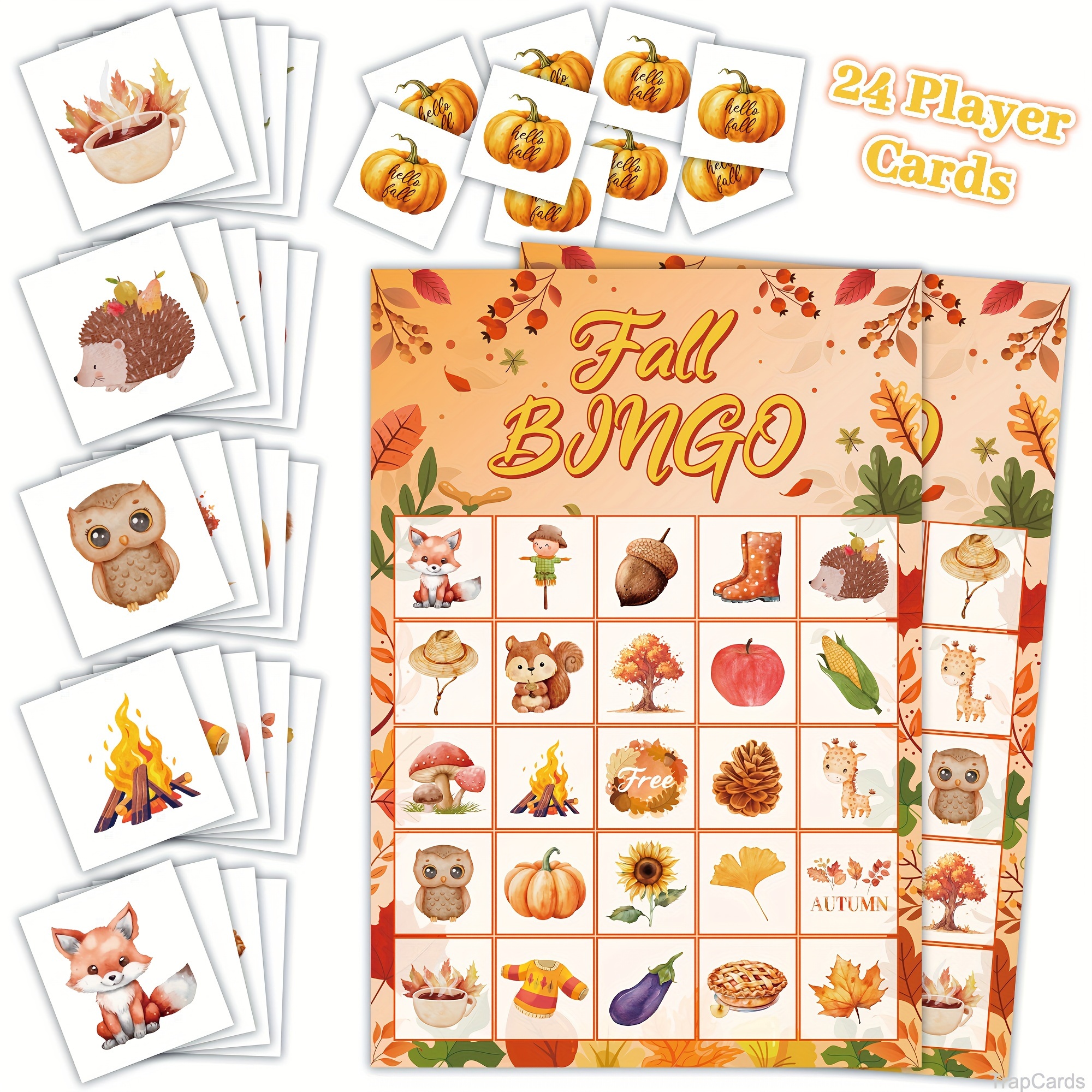 

24-pack Fall Bingo Cards With Cartoon Animal & Floral Patterns, English Thanksgiving & Themed Bingo Game For 24 Players, Family & School Classroom Party Supplies & Favors