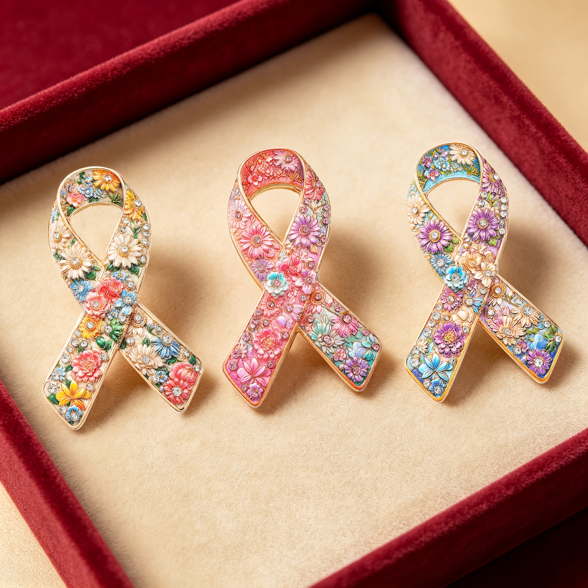 TEMU 3pcs Set Solevdo Enamel Rhinestone Brooch, Flower-shaped Cancer Awareness Ribbon Design, Retro Fashion Style, Sweater And Hat Decoration, And
