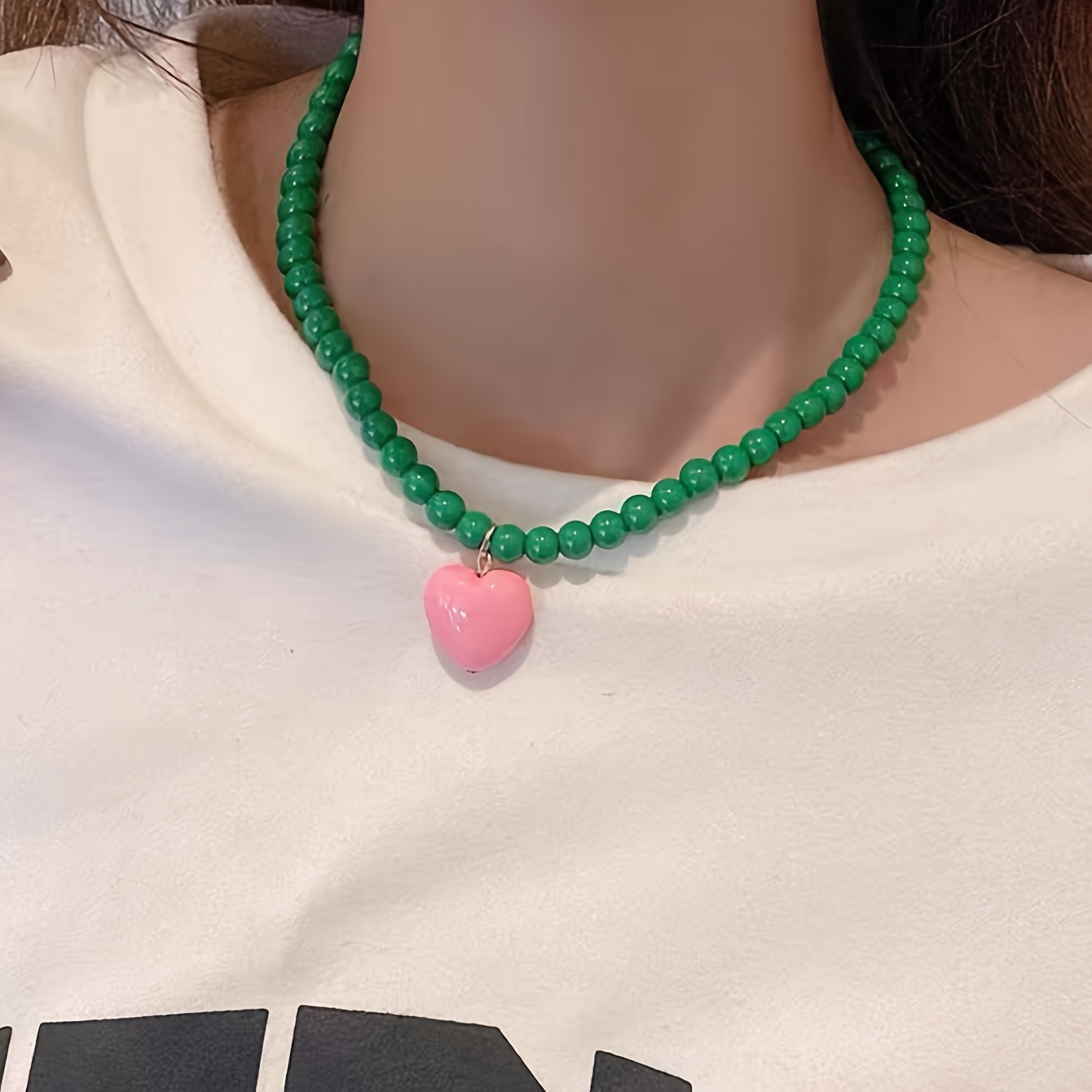 TEMU 1pc Fashionable Spring/summer Bohemian Resin Artificial Green And White Beaded Heart Pendant Women's Necklace For Dragon Boat Festival, , And