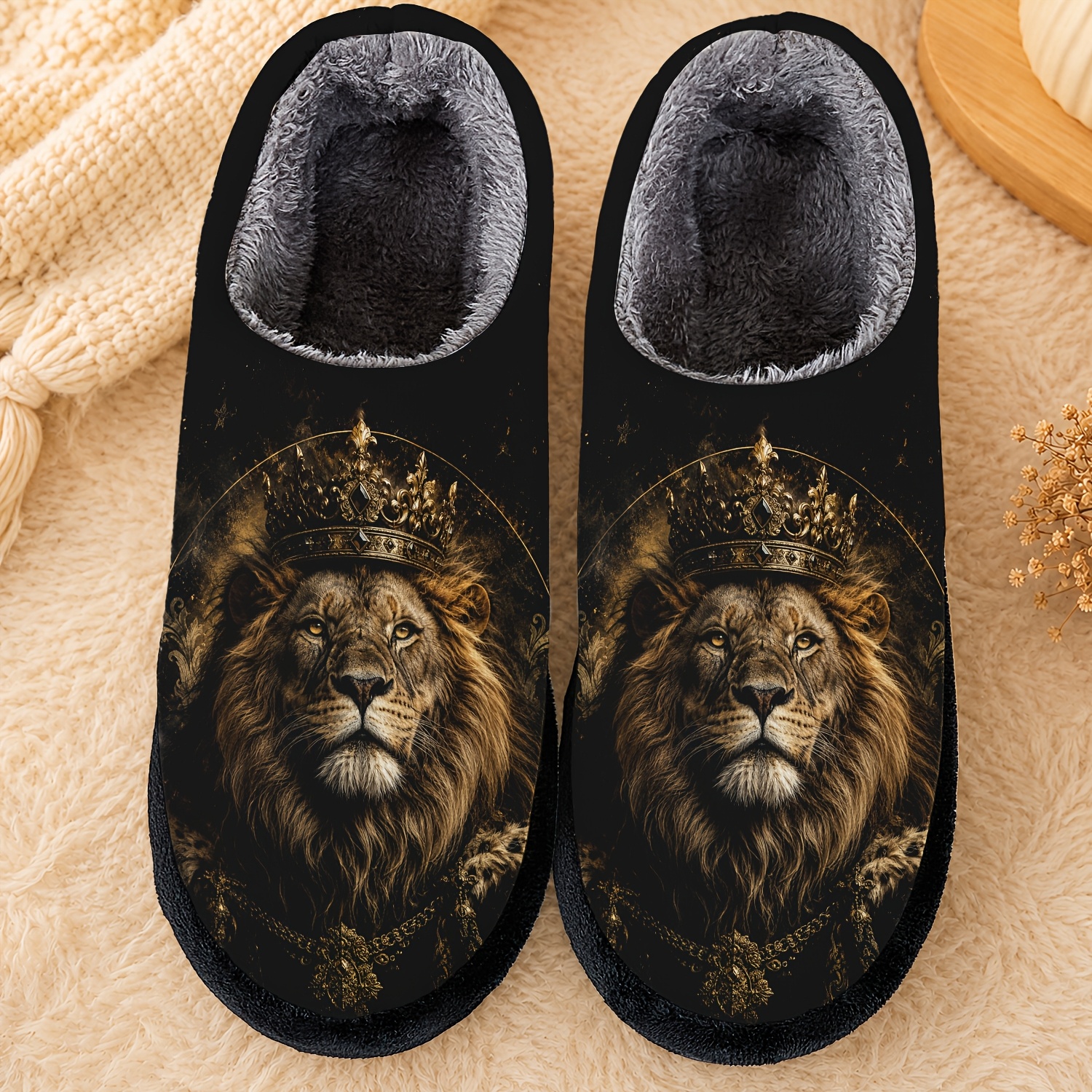 TEMU Men's Lion Print Fuzzy House Slippers, Warm Plush Home Shoes, Easy Gift For Dad Husband Grandpa