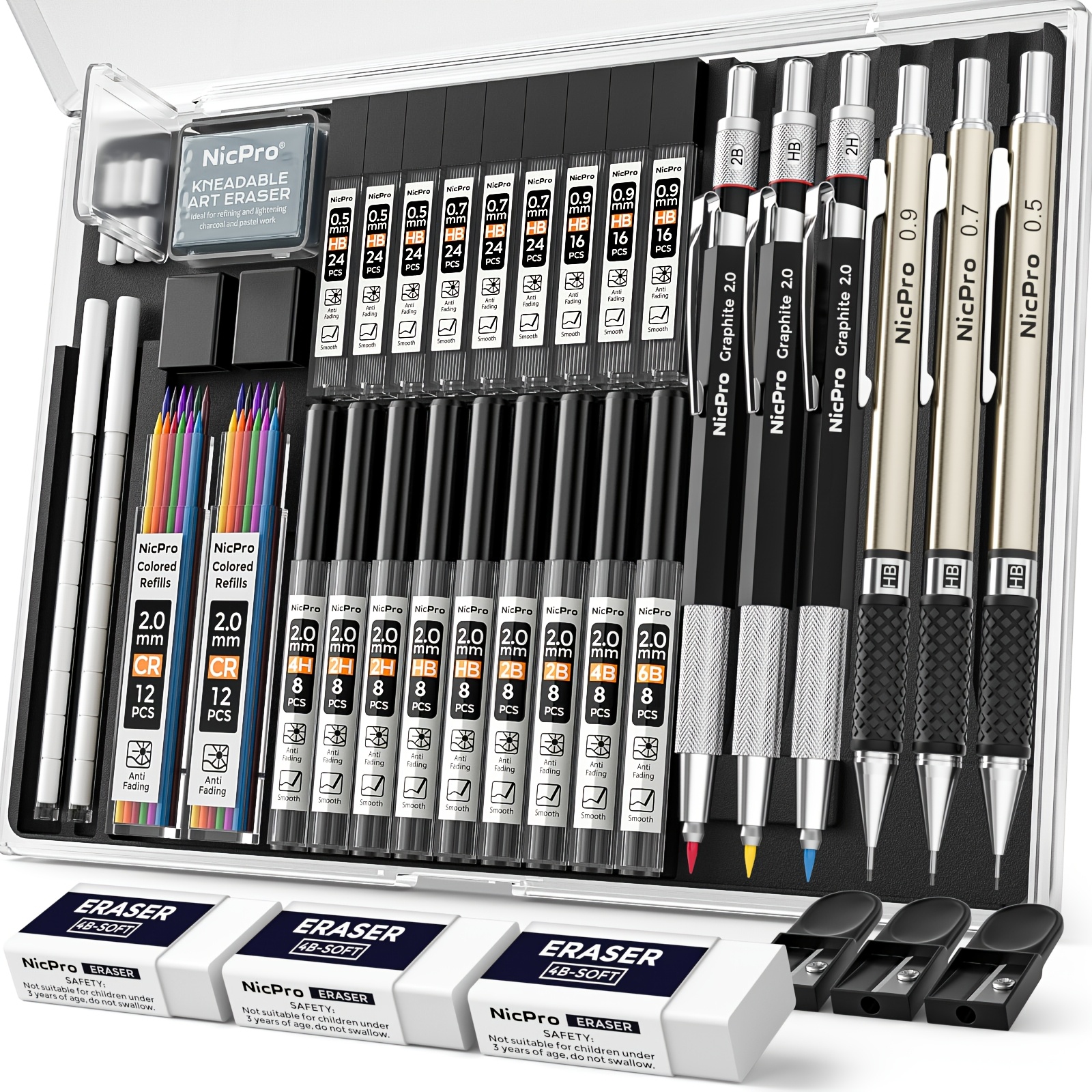 Image of Art Mechanical Pencil Set, 3pcs Metal Drafting Pencils 0.5mm 0.7mm 0.9mm, 3pcs 2mm Lead Holders With 20 Tubes Colored And Graphite Lead Refills, Portable Case For Sketching Drawing Art Writing