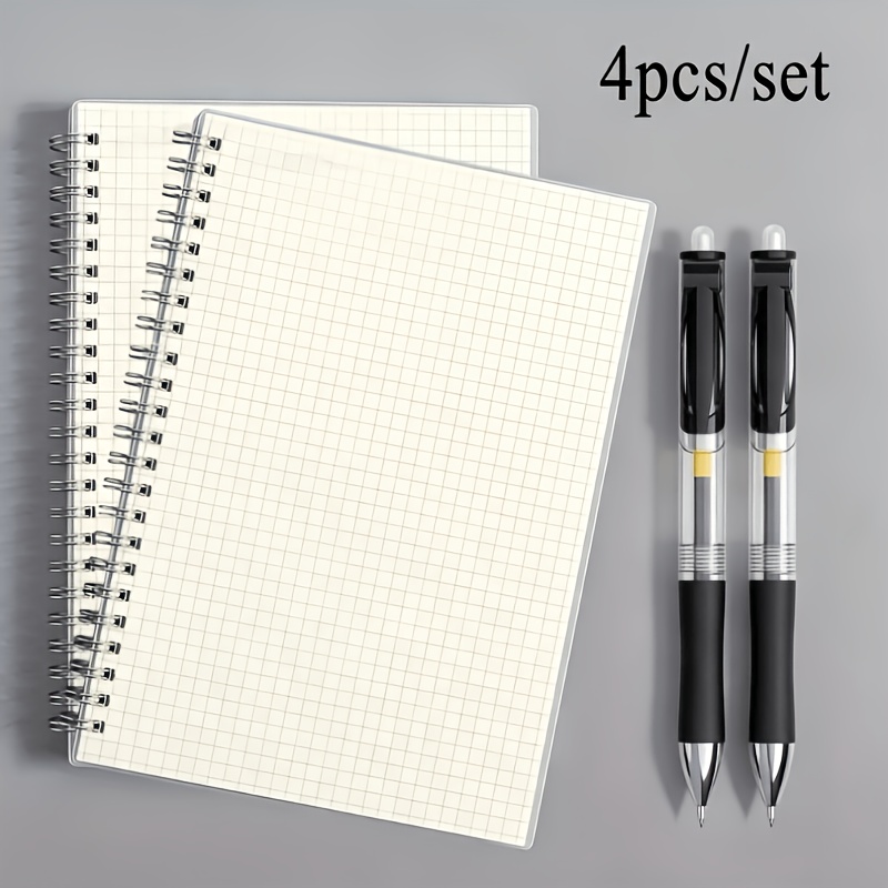 TEMU [4pcs Set] A5 Spiral Grid Notebooks, 2pcs Notebooks And 2pcs Neutral Pens, With Flexible Plastic Covers, Easy Design, Double-line Binding, Ideal