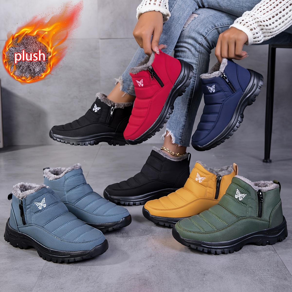 Women's Short Zip-Up Snow Boots with Embroidery