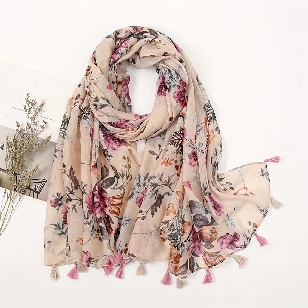 

Chic Apricot & Pink Floral Tassel Scarf - Travel Shawl For Women, Polyester, Hand Washable