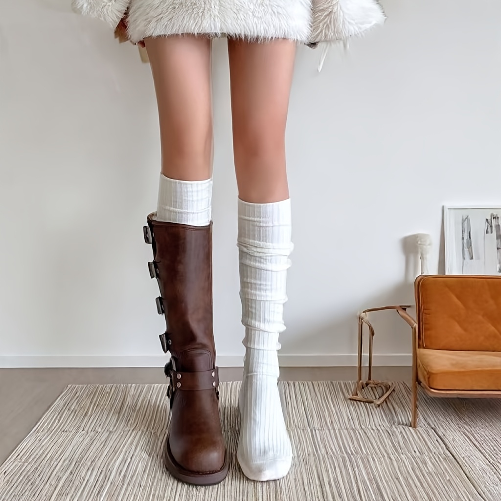 Image of A Pair Of Spring And Summer Thin Vertical Striped Long Tube Knee High Socks That Are Versatile And Worn By Women Without Falling Off , Making Them And Stacked On The Calves