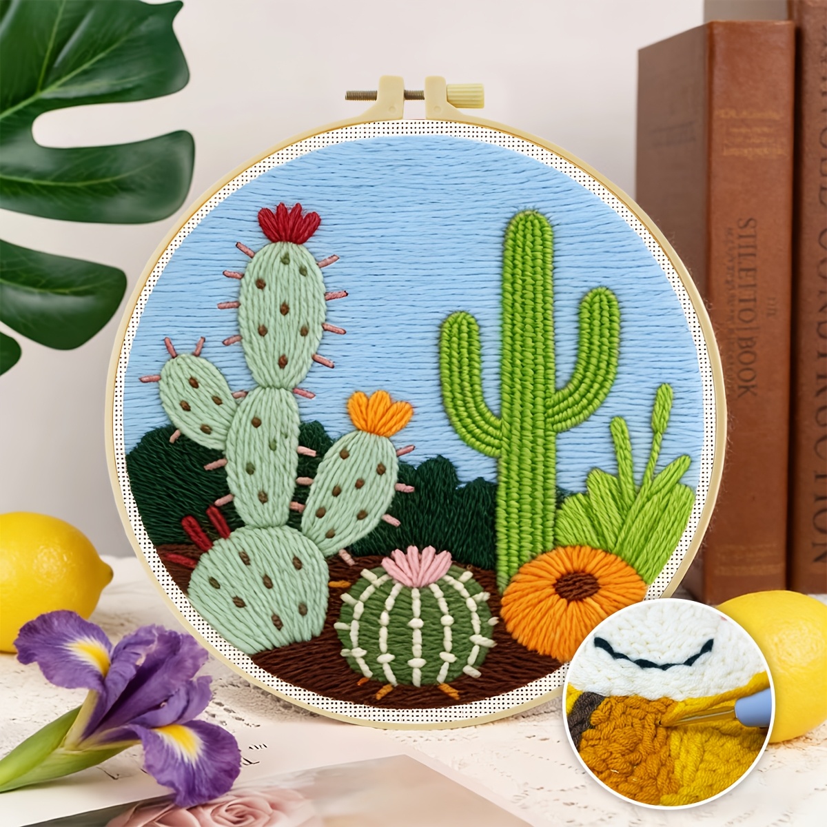 TEMU 1 Set 2d Adult Beginner Punch Needle Embroidery Kit, 20*20cm/7.8*7.8in, Cactus Theme, Complete Handmade Kit With Pre-printed Pattern, Yarn,