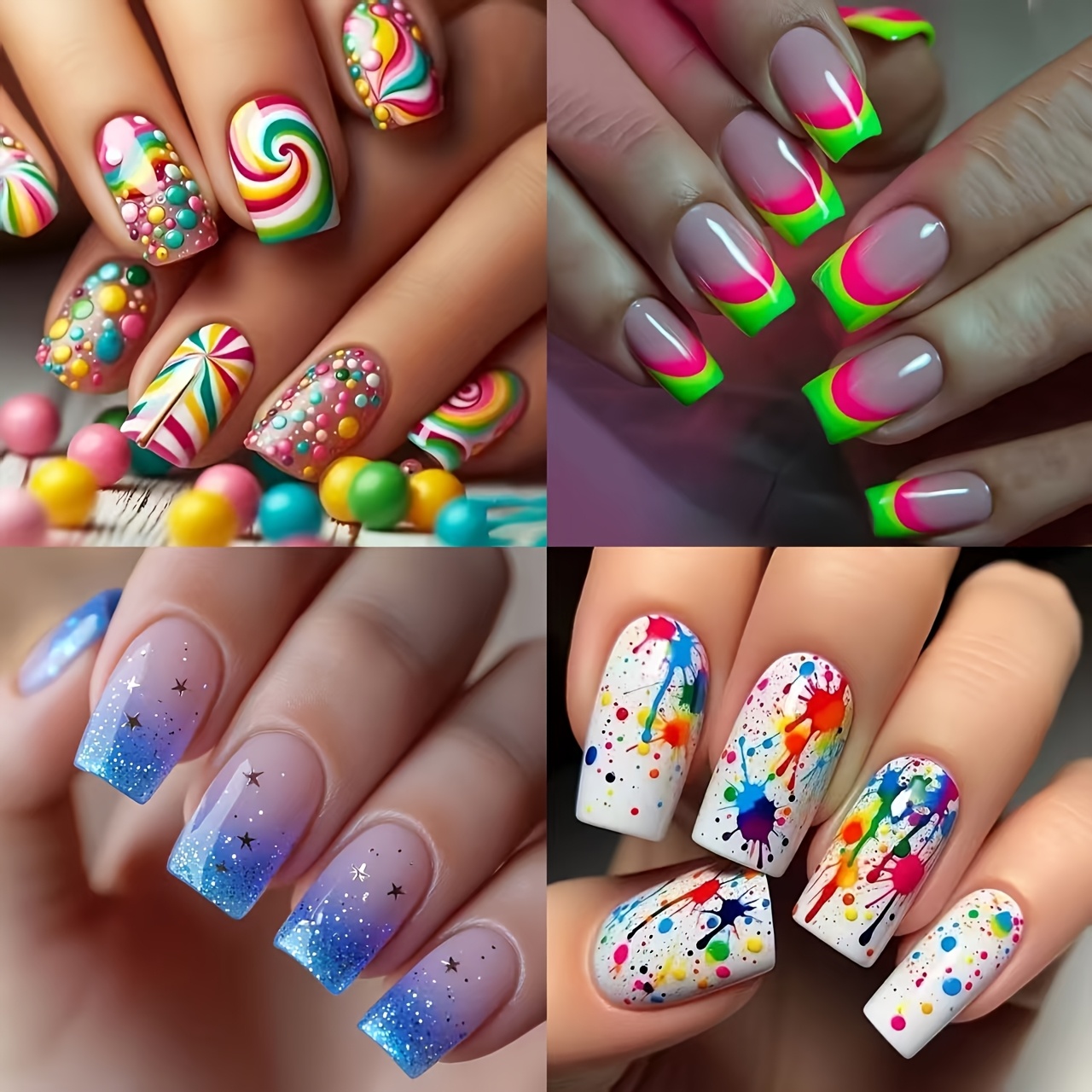 TEMU 96pcs "vibrant Carnival" Press-on Nails - Multicolor Mix (,,,,) With Square Medium Length Fake Nails Suitable For Parties, Weddings, Events -