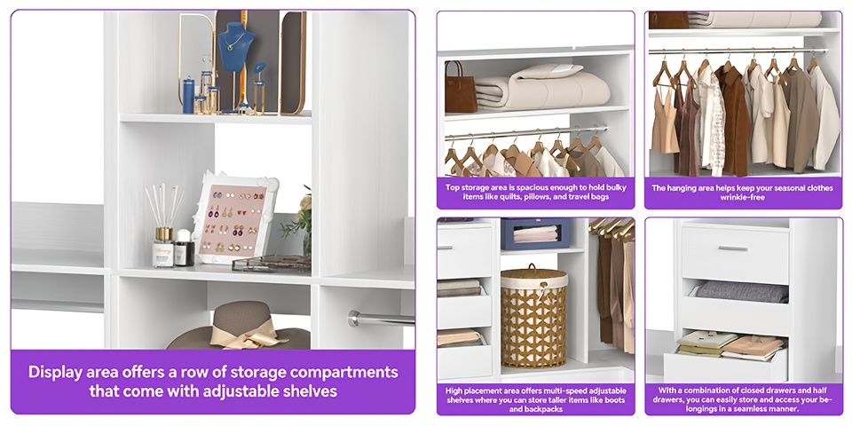 36Inch Closet System with 3 Drawers, 3ft Closet Organizer, Wood Closet Organizer System, Walk-in Closet Or Small Closets Wardrobe, Clothes Rack with 2 Hanging Rods And Storage Shelves, 36