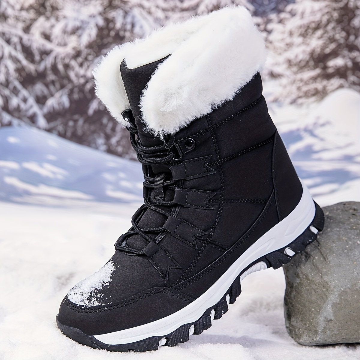TEMU Women's Winter Snow Boots | Elegant And Comfortable, Thickened, Round Toe, Flannel Upper, Tpr Sole, Ideal For Outdoor Activities And Daily Wear