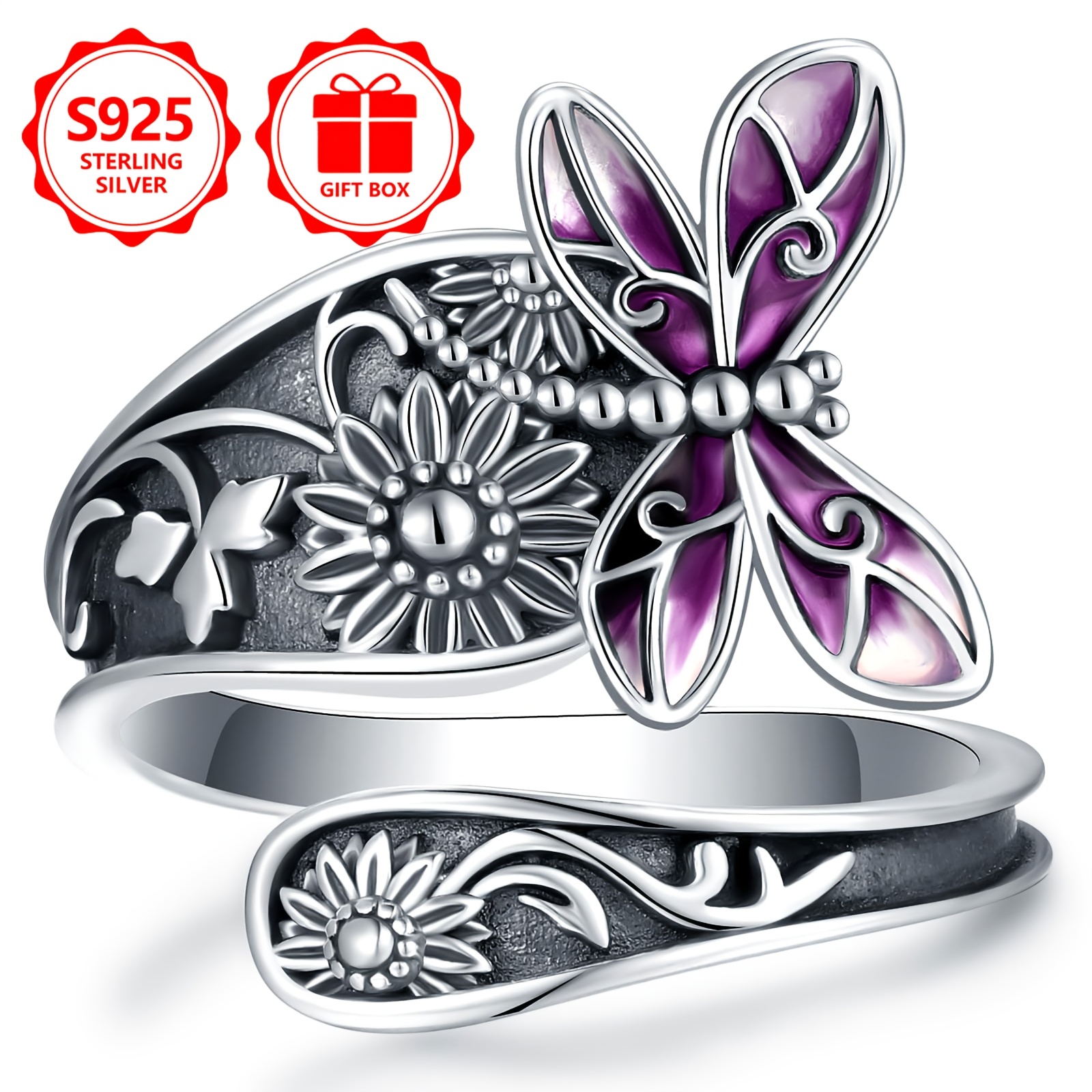 Inel din argint 925 Sterling cu email, Inel deschis sculptat cu flori și fluture mov, Bijuterii din argint stil etnic vintage, Fără nichel, Hipoalergenic, Măiestrie excepțională pentru purtare confortabilă, Versatil pentru uz zilnic, Cadou ideal pentru zile de naștere, aniversări, Ziua