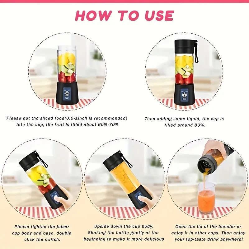1pc licuadora portátil, 0.4l usb recargable hacedor de batidos con taza desmontable, base antideslizante, control de , cuerpo de plástico de grado alimenticio abs, batería de polímero de litio de 2000mah - ideal para batidos, shakes y jugos detalles 6