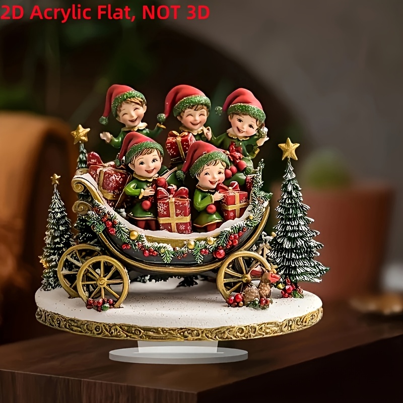 

2d Flat, Merry Christmas Elf Sleigh Acrylic Ornament - Transparent Crystal Desk Decor, Birthday & Graduation Gifts, Office, Bedroom & Home Holiday Party Decoration, Best For Christmas